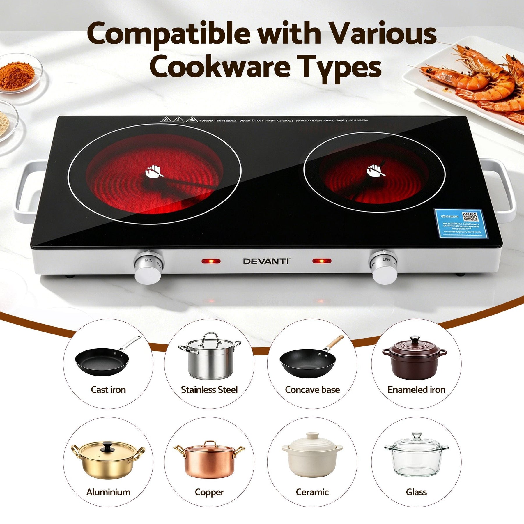 Devanti Portable Ceramic Cooktop Dual Burner Electric Hot Plate 2800W Black - SportZone.co.nz