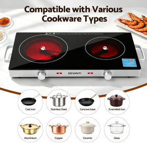 Devanti Portable Ceramic Cooktop Dual Burner Electric Hot Plate 2800W Black - SportZone.co.nz