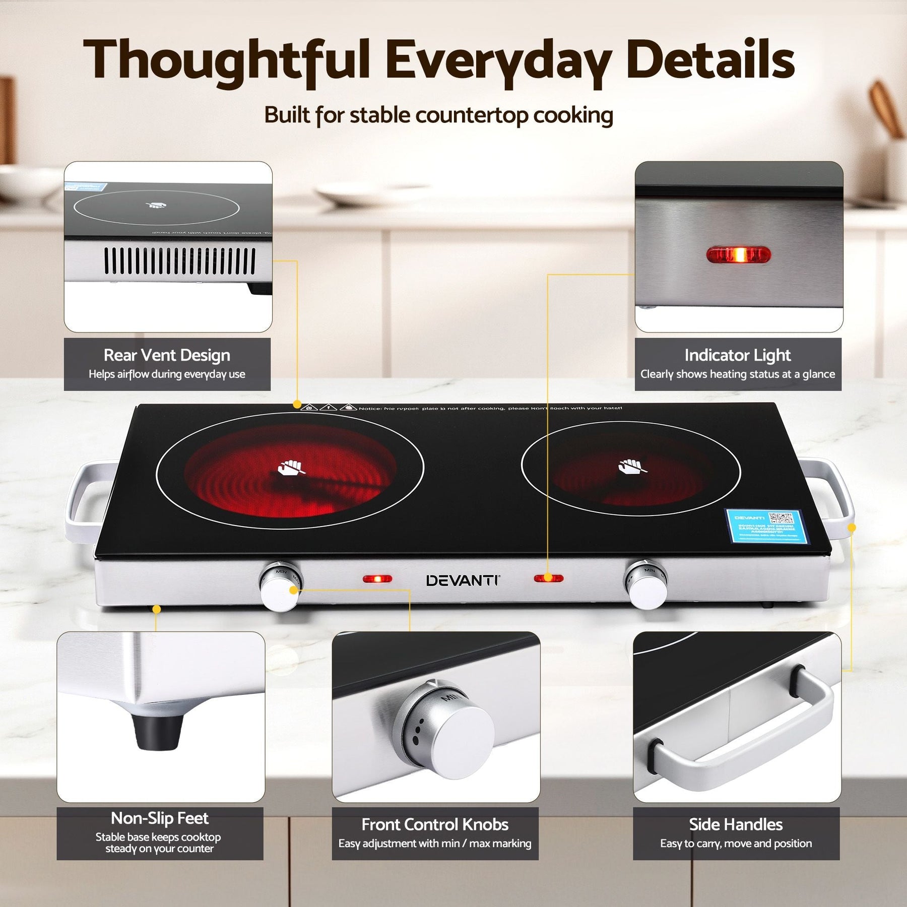 Devanti Portable Ceramic Cooktop Dual Burner Electric Hot Plate 2800W Black - SportZone.co.nz