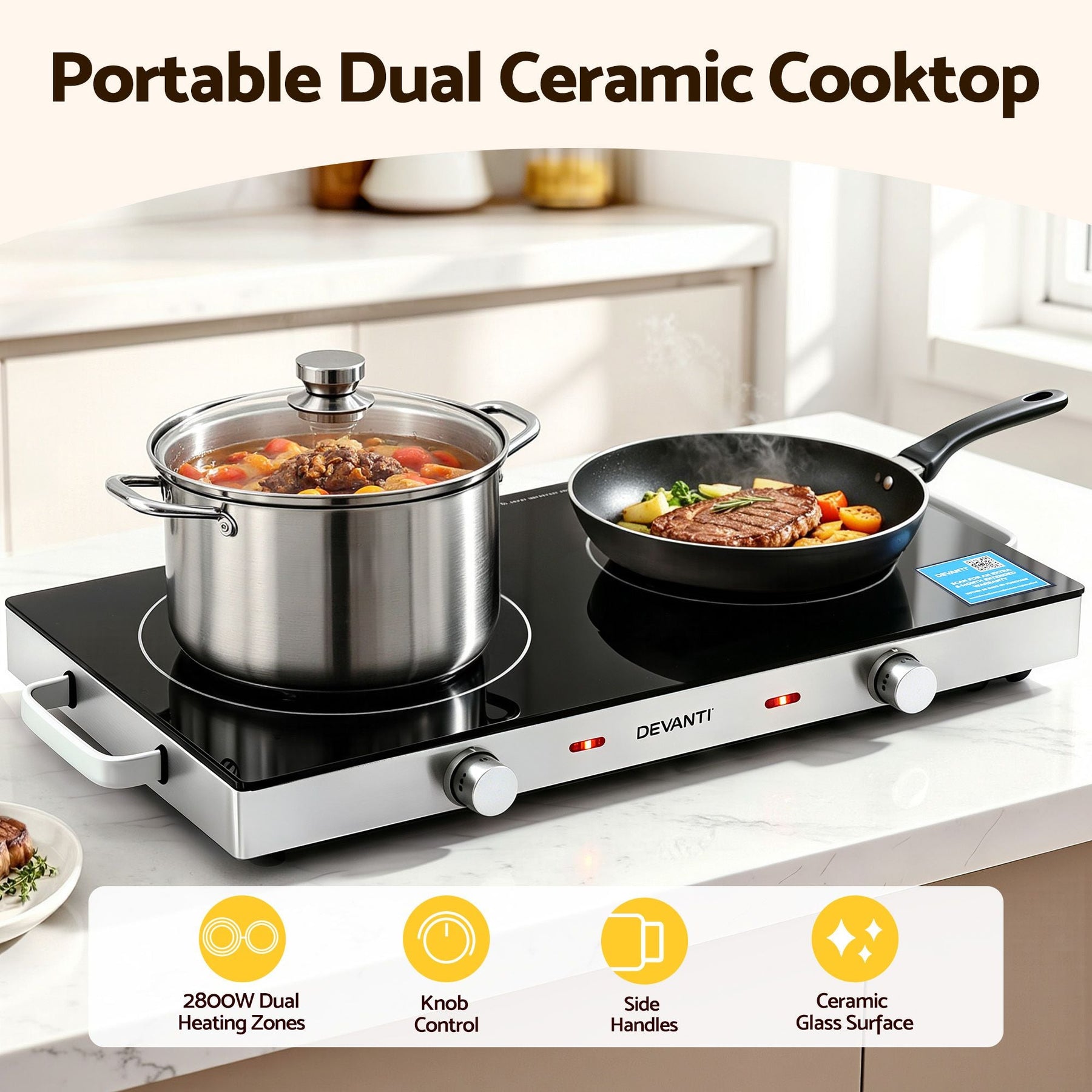 Devanti Portable Ceramic Cooktop Dual Burner Electric Hot Plate 2800W Black - SportZone.co.nz