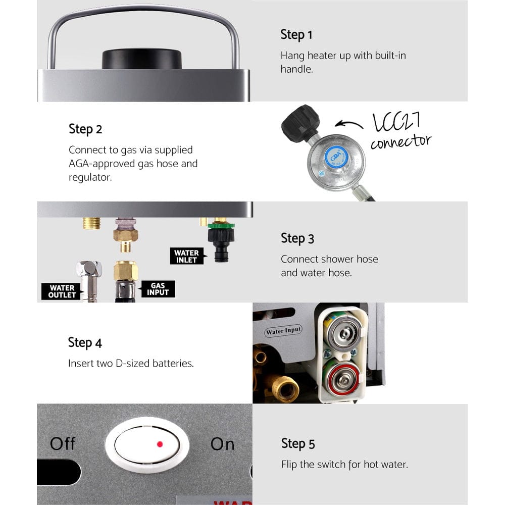 Devanti Portable Gas Water Heater 8L/Min LPG System Grey - SportZone.co.nz