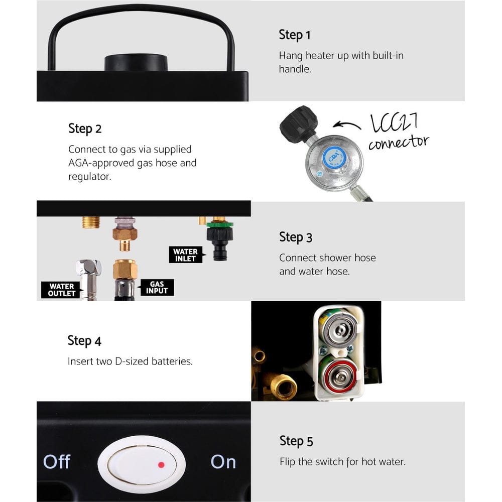 Devanti Portable Gas Water Heater 8L/Min With Pump LPG System Black - SportZone.co.nz