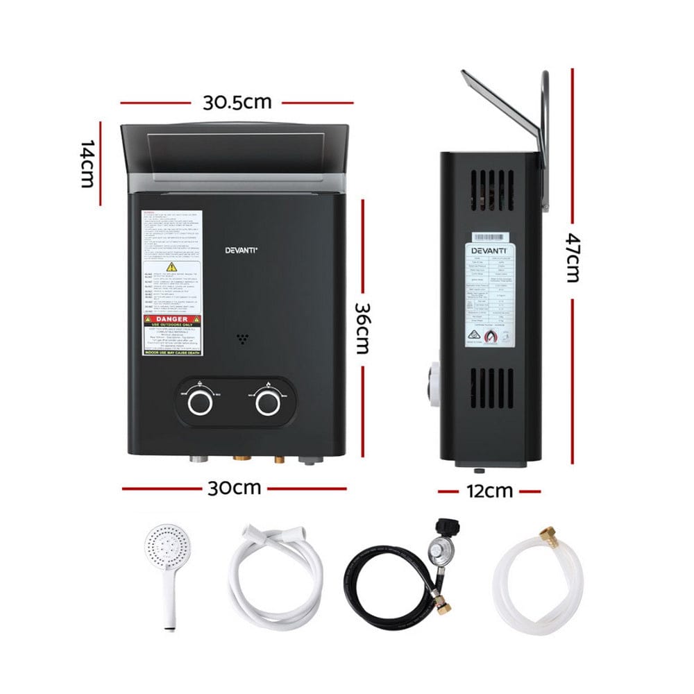 Devanti Portable Gas Water Heater LPG Powered System - Black - SportZone.co.nz