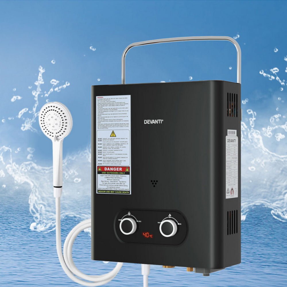 Devanti Portable Gas Water Heater LPG Powered System- Black - SportZone.co.nz