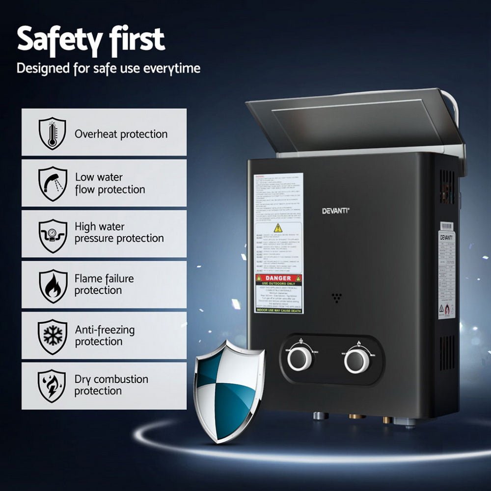 Devanti Portable Gas Water Heater LPG Powered System- Black - SportZone.co.nz