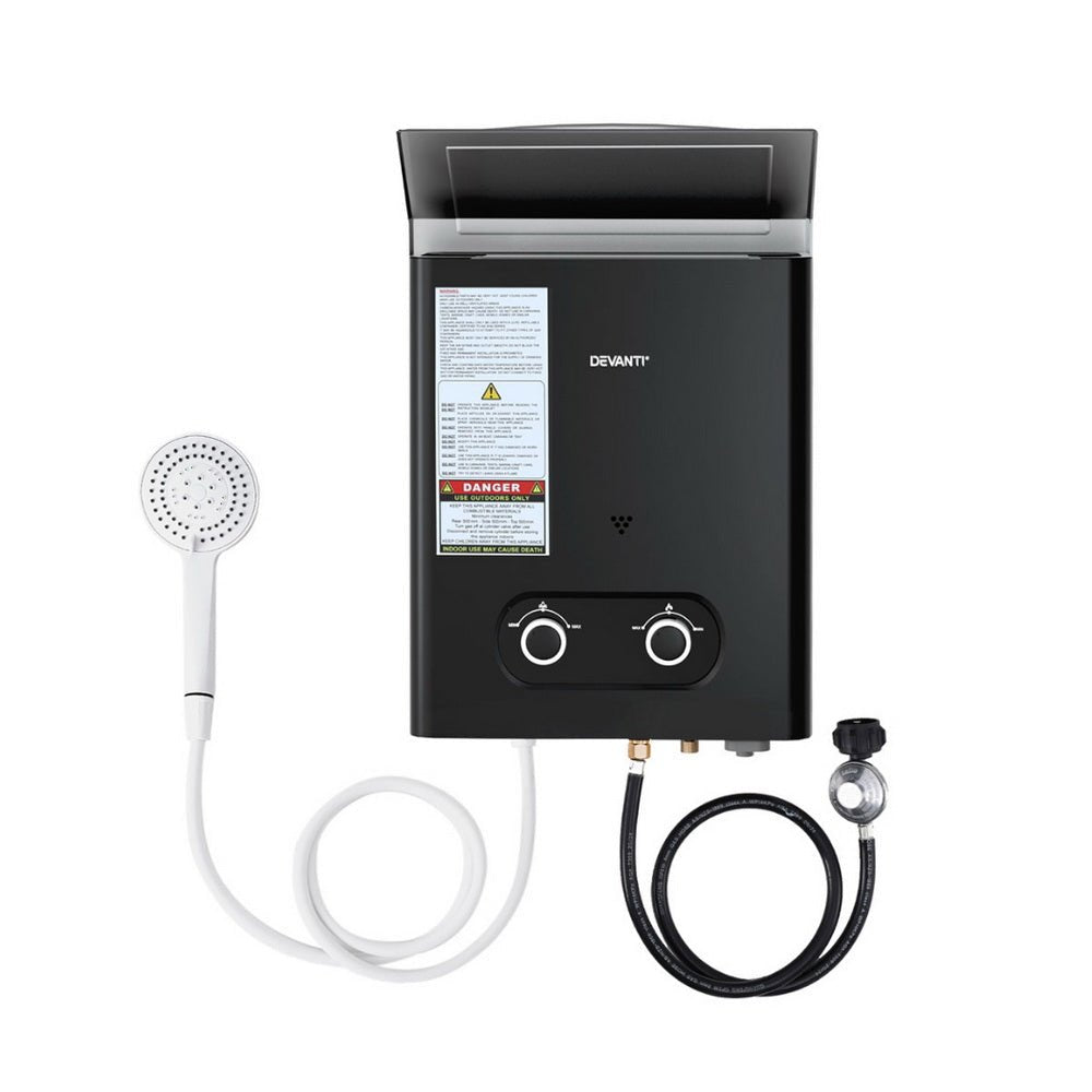 Devanti Portable Gas Water Heater LPG Powered System- Black - SportZone.co.nz