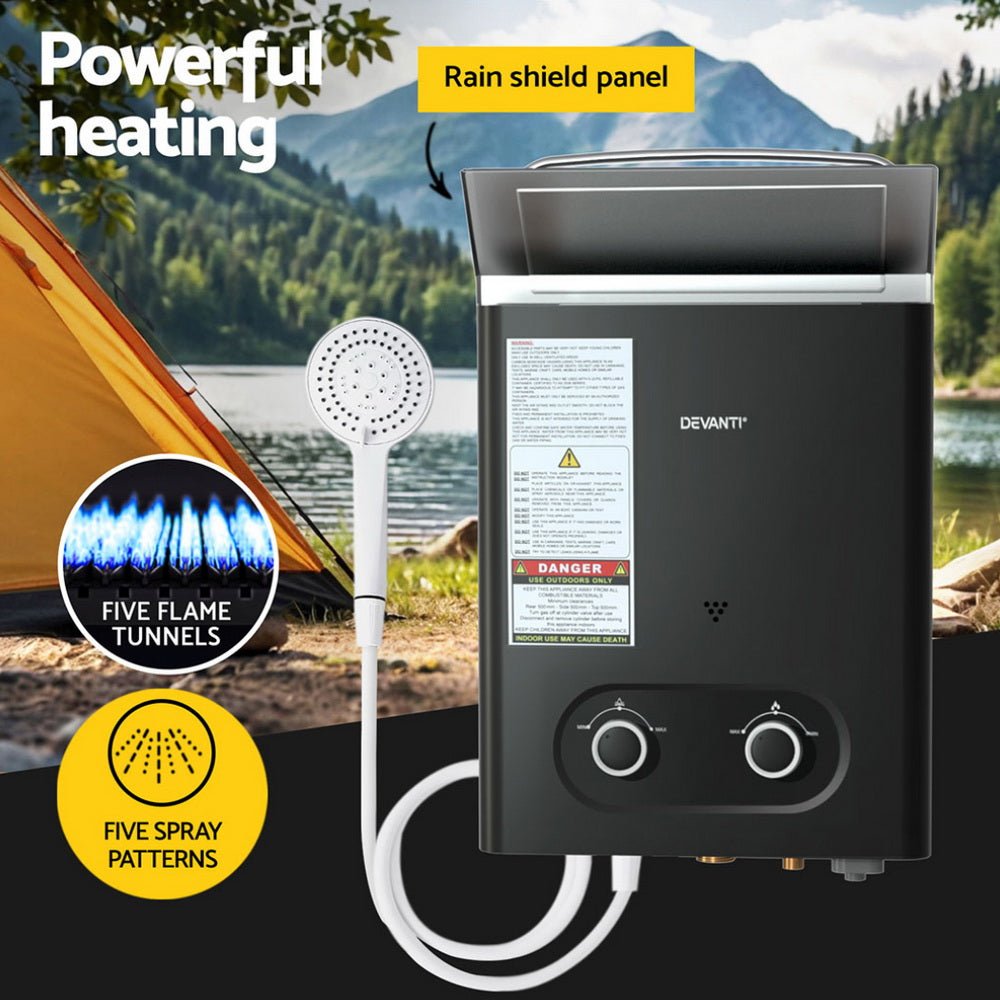 Devanti Portable Gas Water Heater LPG Powered System- Black - SportZone.co.nz