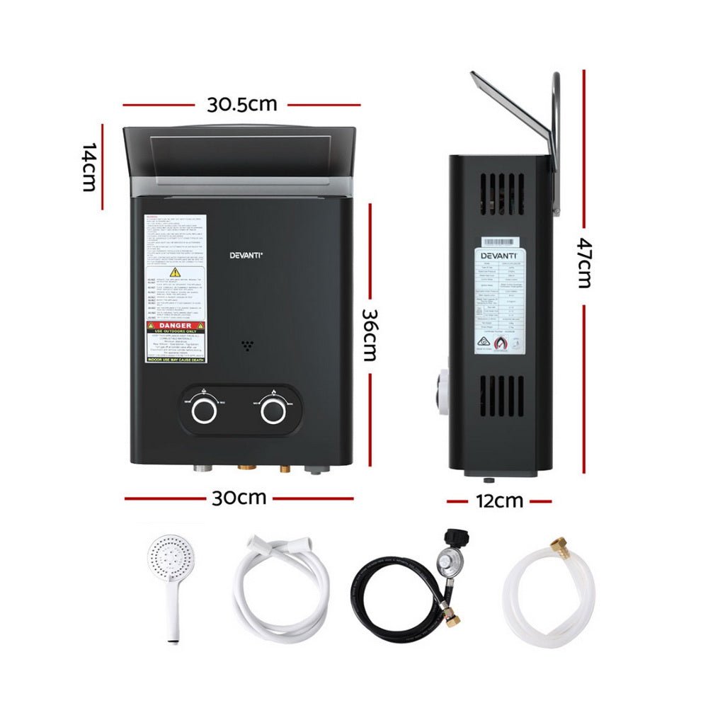 Devanti Portable Gas Water Heater LPG Powered System- Black - SportZone.co.nz