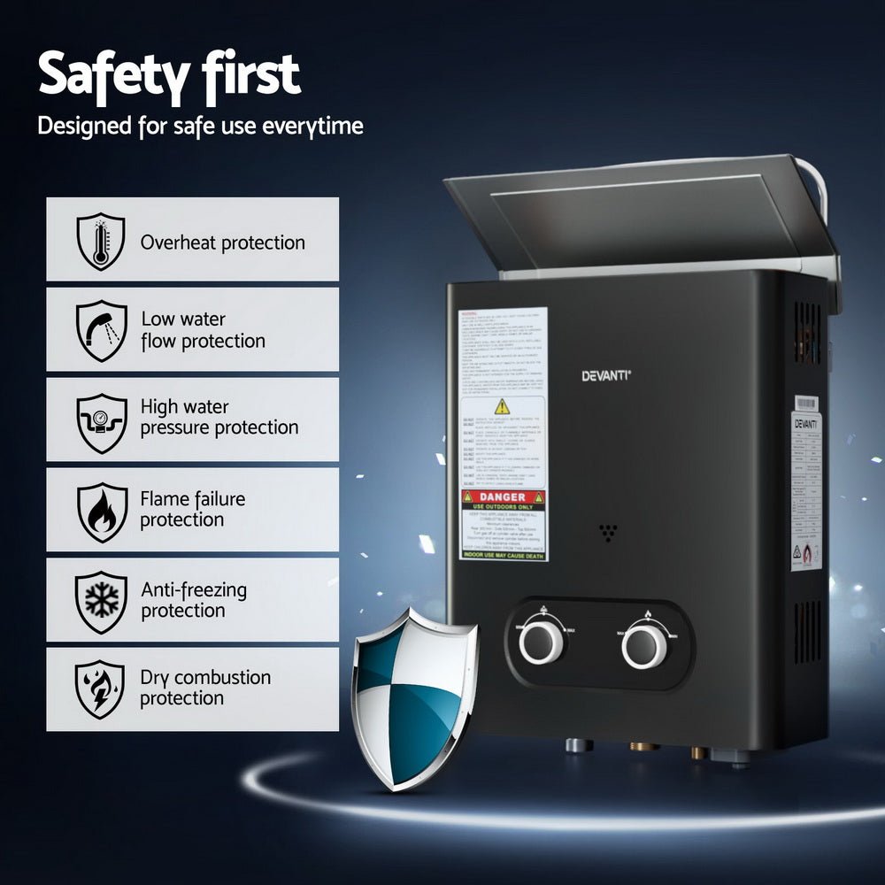 Devanti Portable Gas Water Heater LPG-powered System Black With Pump - SportZone.co.nz