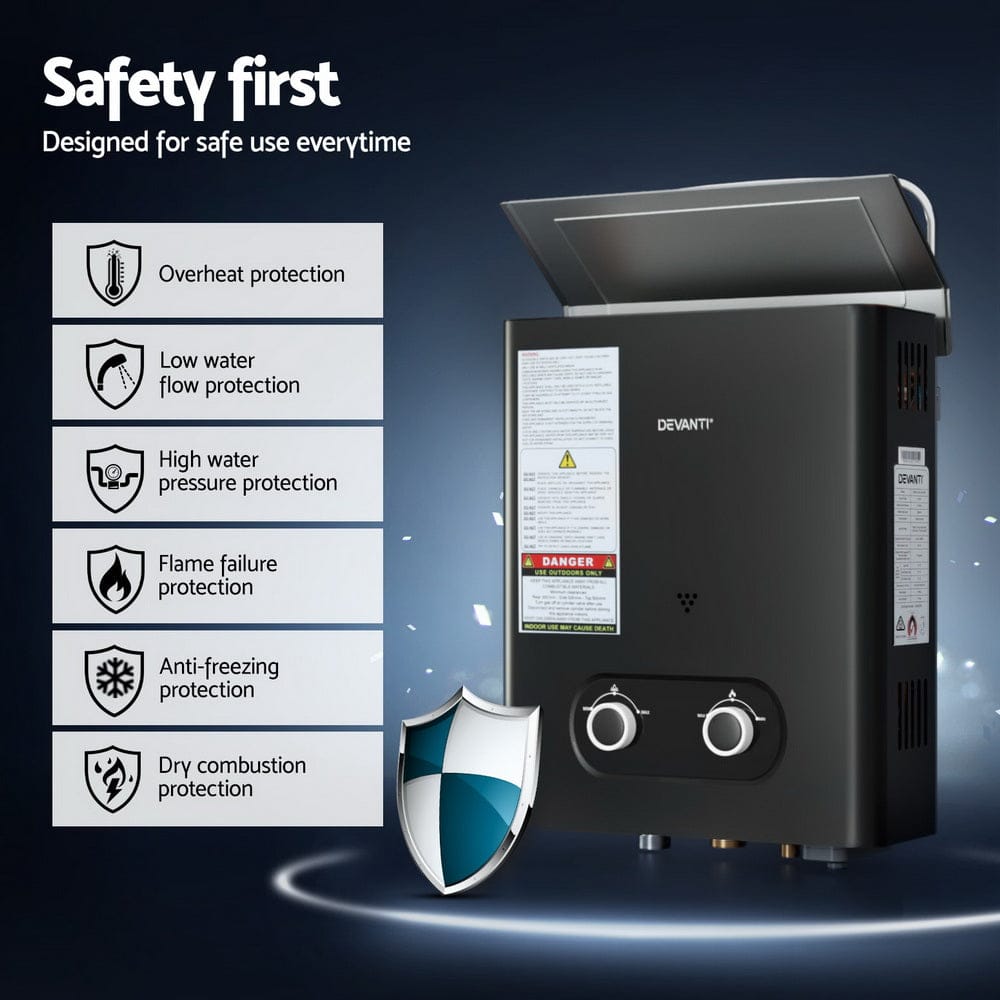 Devanti Portable Gas Water Heater LPG - powered System Black With Pump - SportZone.co.nz