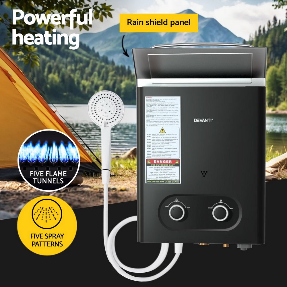 Devanti Portable Gas Water Heater LPG-powered System Black With Pump - SportZone.co.nz