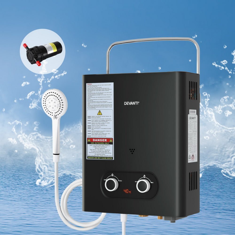 Devanti Portable Gas Water Heater LPG-powered System Black With Pump - SportZone.co.nz