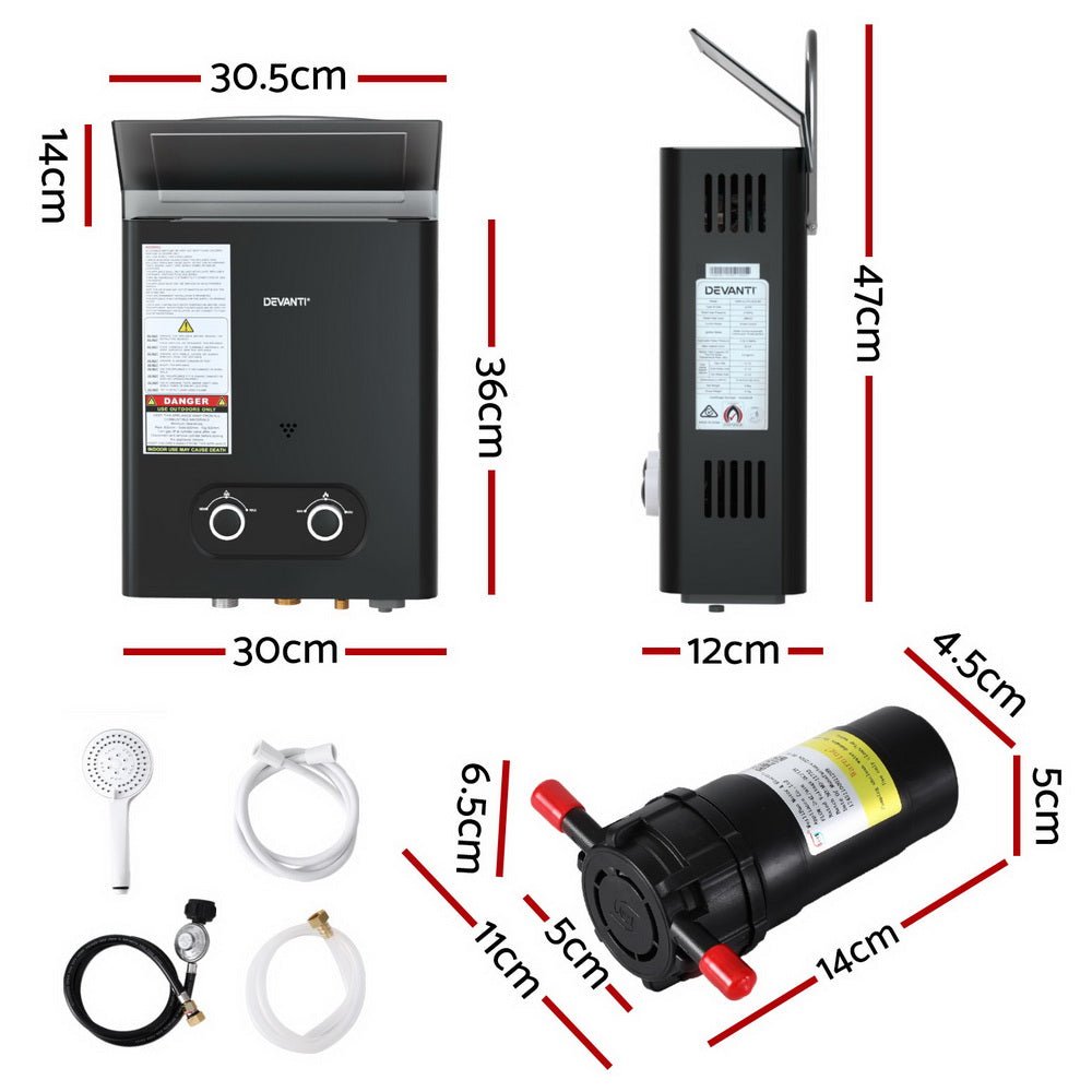 Devanti Portable Gas Water Heater LPG-powered System Black With Pump - SportZone.co.nz