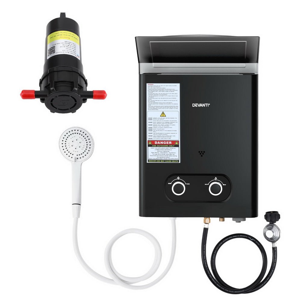 Devanti Portable Gas Water Heater LPG-powered System Black With Pump - SportZone.co.nz