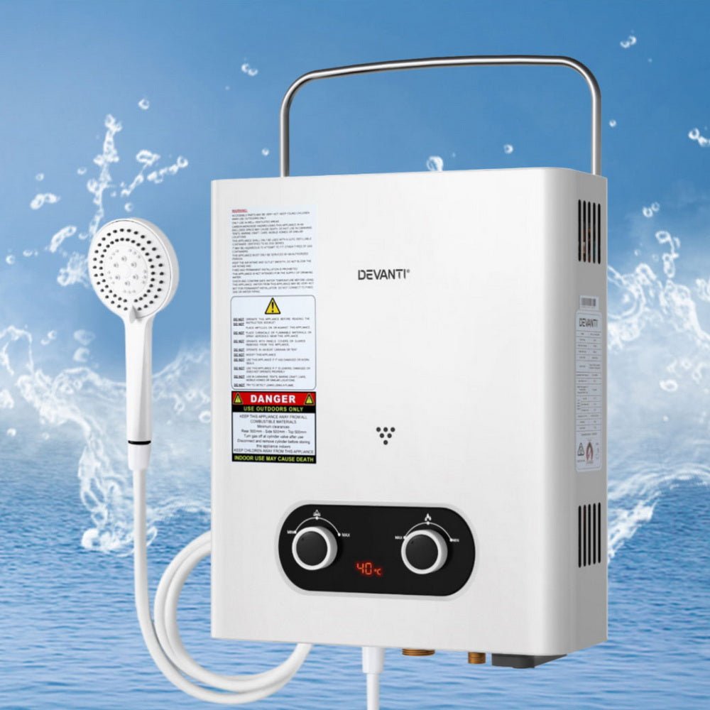 Devanti Portable Gas Water Heater LPG Powered System- White - SportZone.co.nz