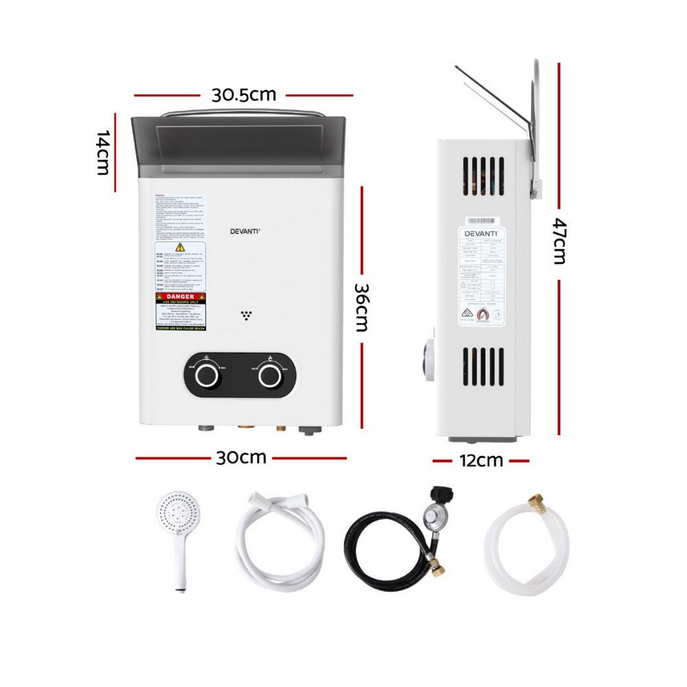 Devanti Portable Gas Water Heater LPG Powered System- White - SportZone.co.nz
