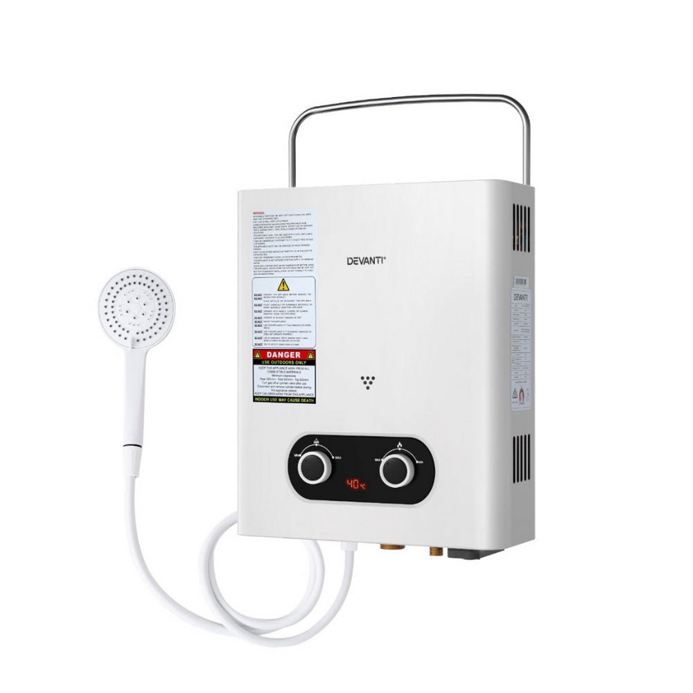 Devanti Portable Gas Water Heater LPG Powered System- White - SportZone.co.nz