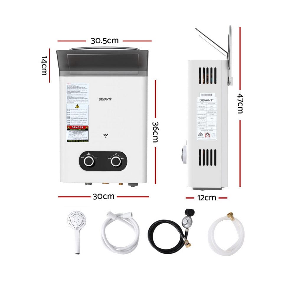 Devanti Portable Gas Water Heater LPG Powered System - White - SportZone.co.nz