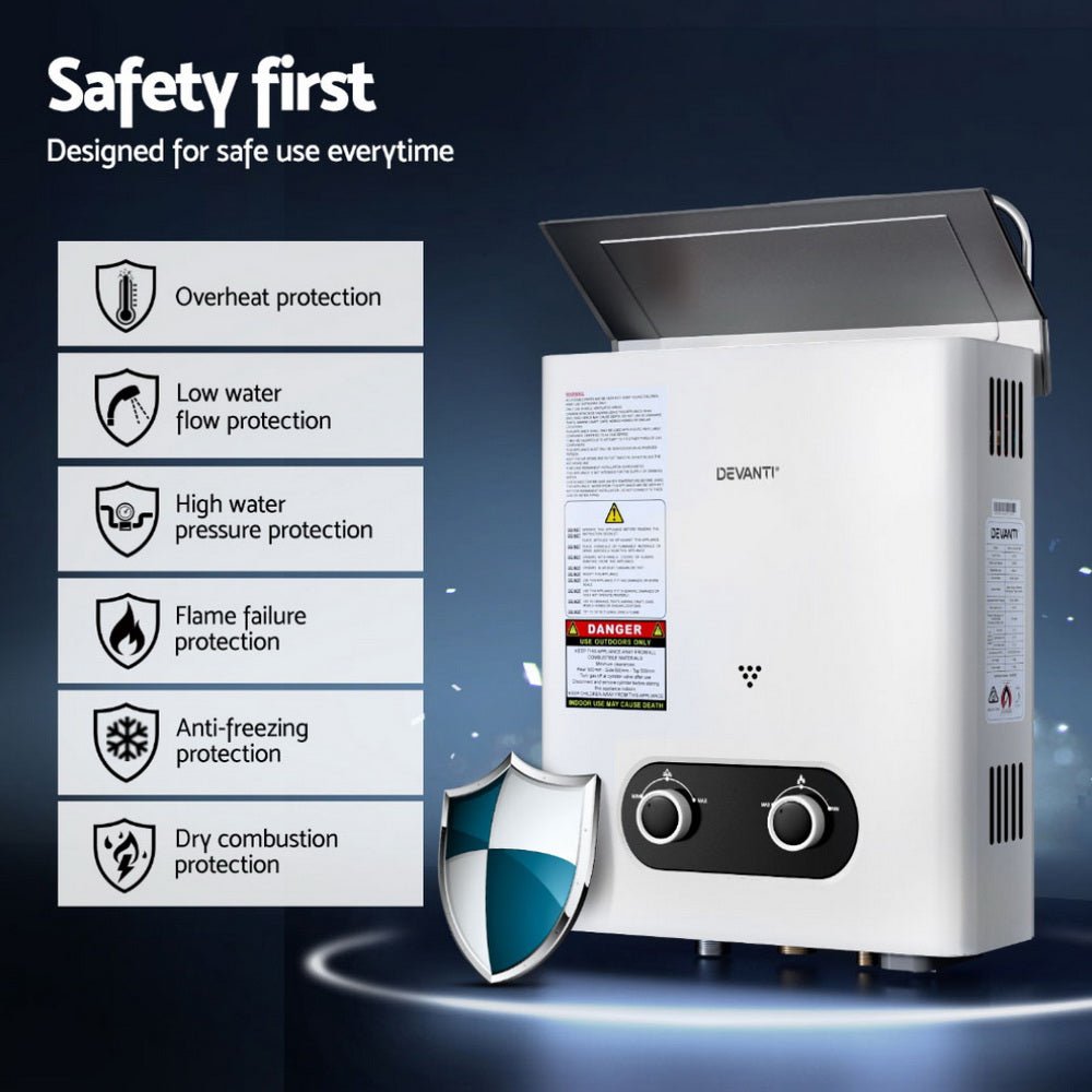Devanti Portable Gas Water Heater LPG Powered System- White - SportZone.co.nz