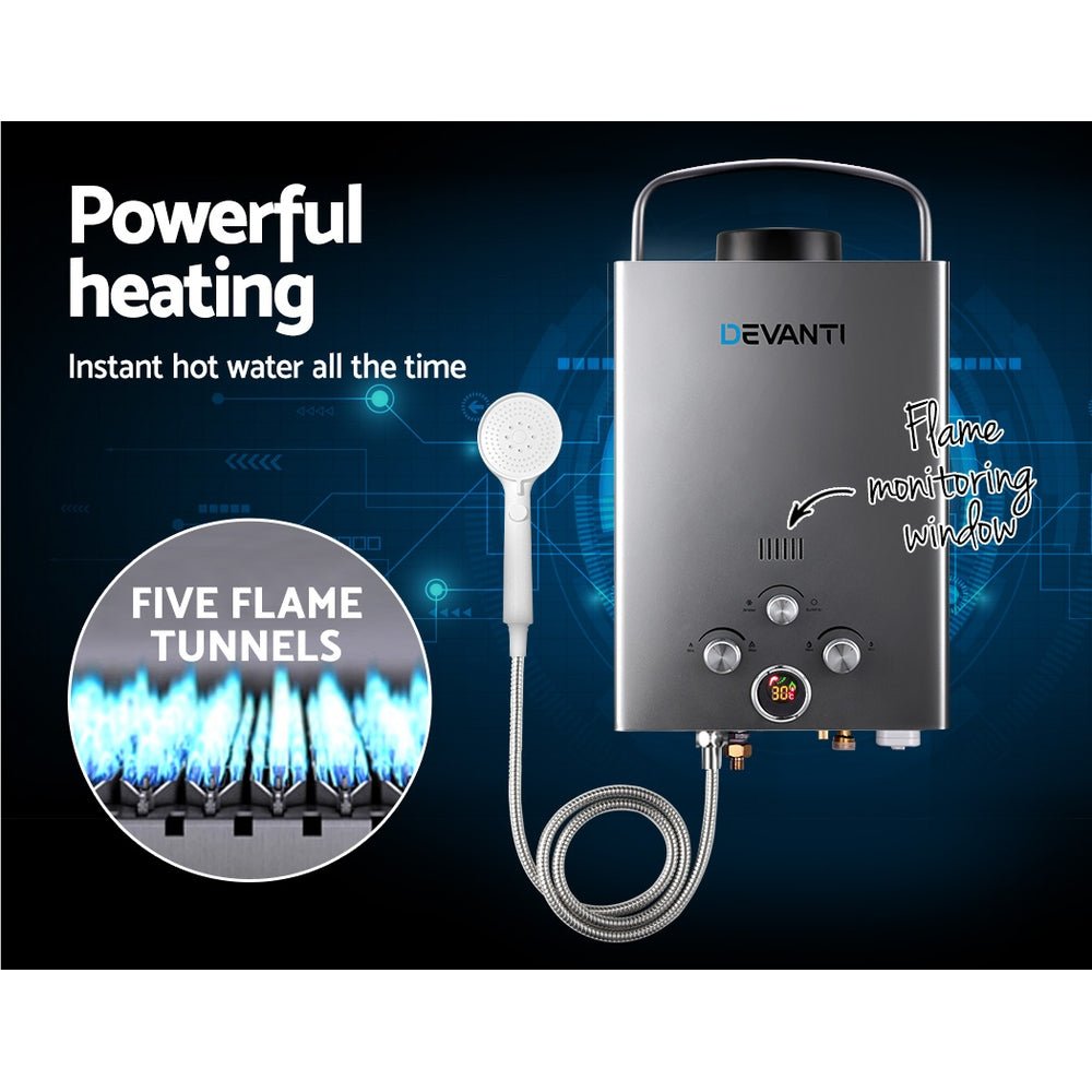 Devanti Portable Gas Water Heater LPG System Grey - SportZone.co.nz