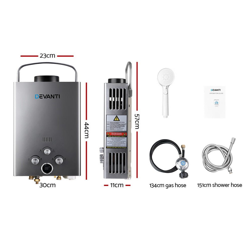 Devanti Portable Gas Water Heater LPG System Grey - SportZone.co.nz