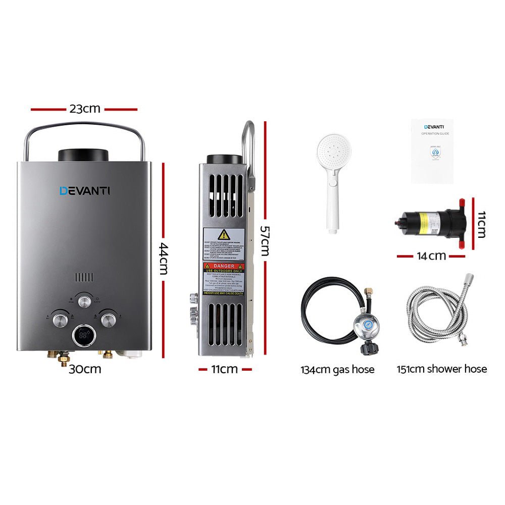Devanti Portable Gas Water Heater With Pump LPG System Grey - SportZone.co.nz