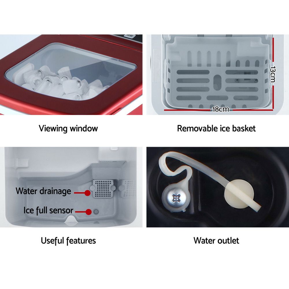 DEVANTi Portable Ice Cube Maker Machine 2L Home Bar Benchtop Easy Quick Red - SportZone.co.nz