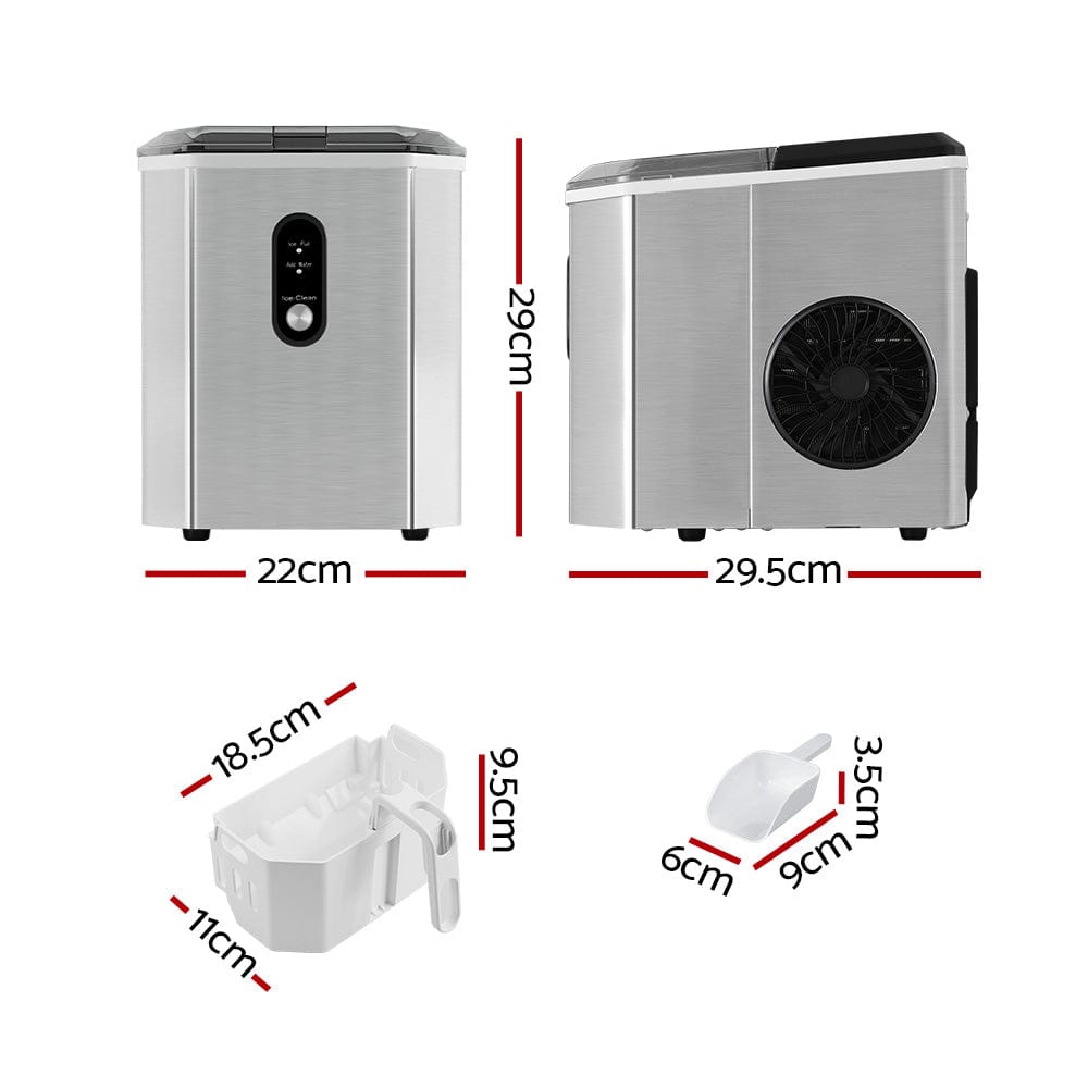 Devanti Portable Ice Maker Machine Ice Cube 12kg Bar Countertop Stainless Steel - SportZone.co.nz