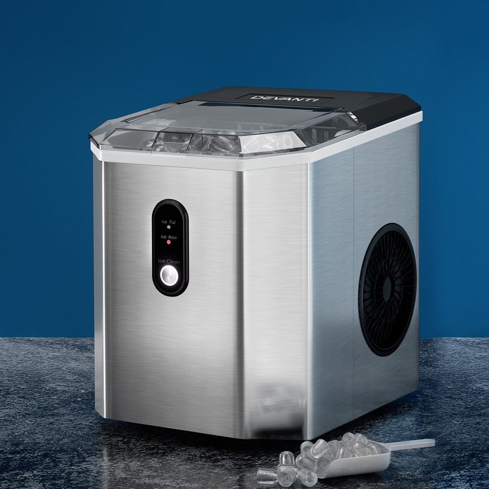 Devanti Portable Ice Maker Machine Ice Cube 12kg Bar Countertop Stainless Steel - SportZone.co.nz