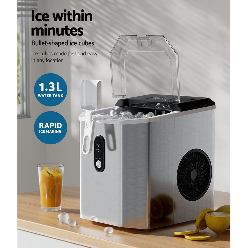 Devanti Portable Ice Maker Machine Ice Cube 12kg Bar Countertop Stainless Steel - SportZone.co.nz