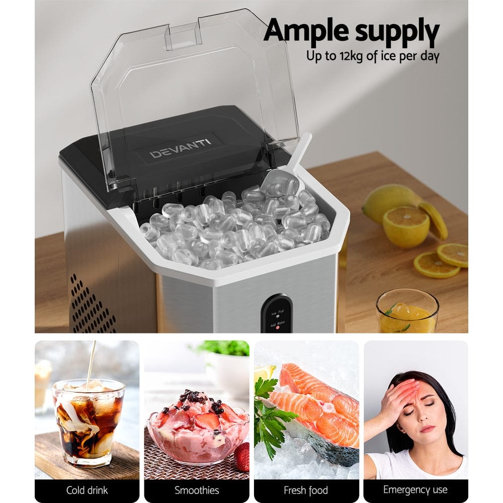 Devanti Portable Ice Maker Machine Ice Cube 12kg Bar Countertop Stainless Steel - SportZone.co.nz