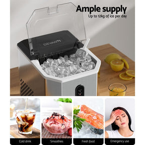 Devanti Portable Ice Maker Machine Ice Cube 12kg Bar Countertop Stainless Steel - SportZone.co.nz