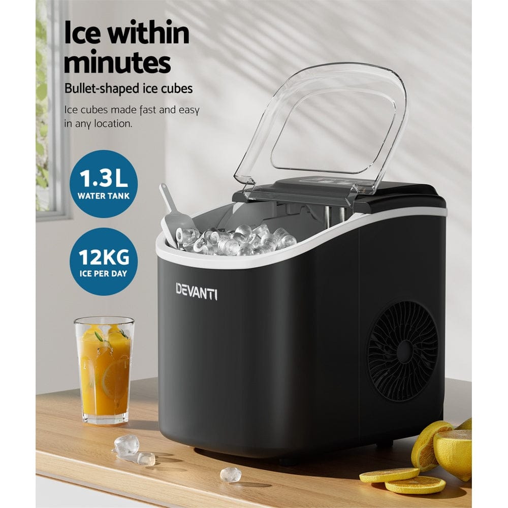 Devanti Portable Ice Maker Machine Ice Cube Tray 12kg Bar Countertop Black - SportZone.co.nz