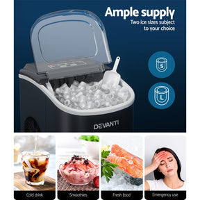 Devanti Portable Ice Maker Machine Ice Cube Tray 12kg Bar Countertop Black - SportZone.co.nz