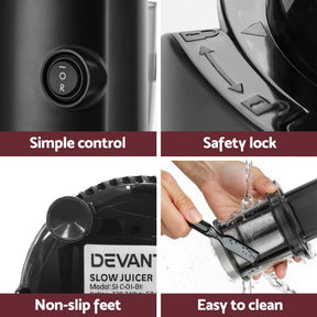 Devanti Slow Juicer Cold Press Fruit Juice Extractor 130W Black - SportZone.co.nz