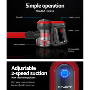 Devanti Stick Vacuum Cleaner Brushless Cordless 250W Red - SportZone.co.nz