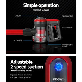 Devanti Stick Vacuum Cleaner Brushless Cordless 250W Red - SportZone.co.nz