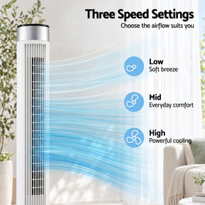 Devanti Tower Fan with Remote Control, 3 Speed 3 Mode 7.5h Timer, White - SportZone.co.nz