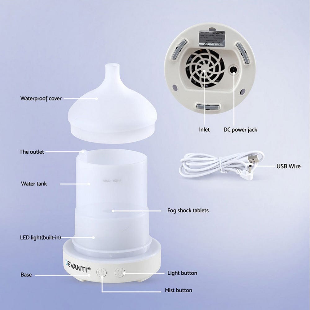 Devanti Ultrasonic Aroma Diffuser Aromatherapy 100ml LED Lights Iron Humidifier Forest - SportZone.co.nz