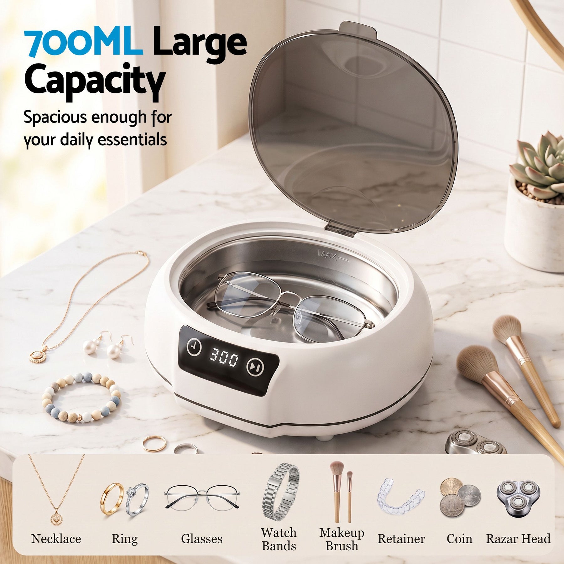 Devanti Ultrasonic Cleaner 700mL 48kHz Jewellery Cleaning Machine with Stainless Steel Tank White - SportZone.co.nz