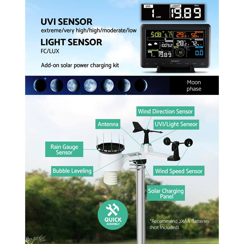 Devanti Weather Station Indoor Outdoor Wireless WiFi Professional Solar Sensor - SportZone.co.nz