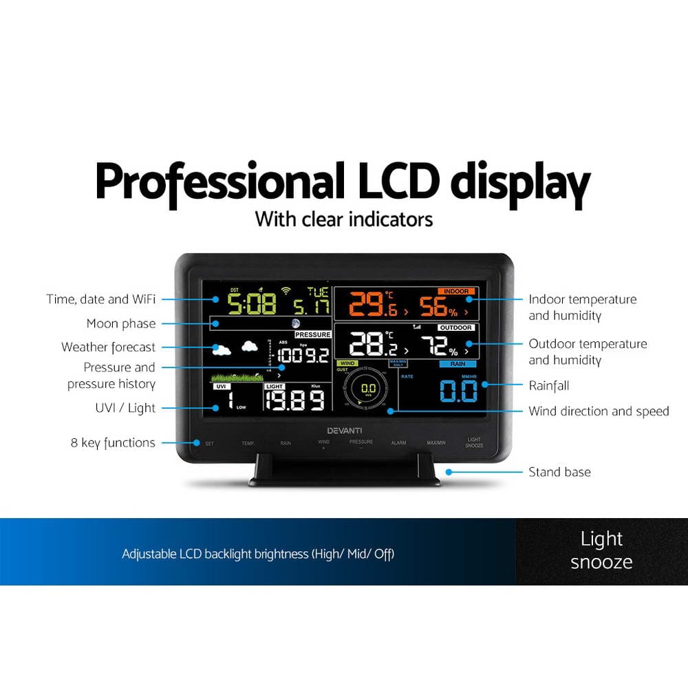 Devanti Wireless WiFi Professional Weather Station Solar Sensor LCD UV Light - SportZone.co.nz