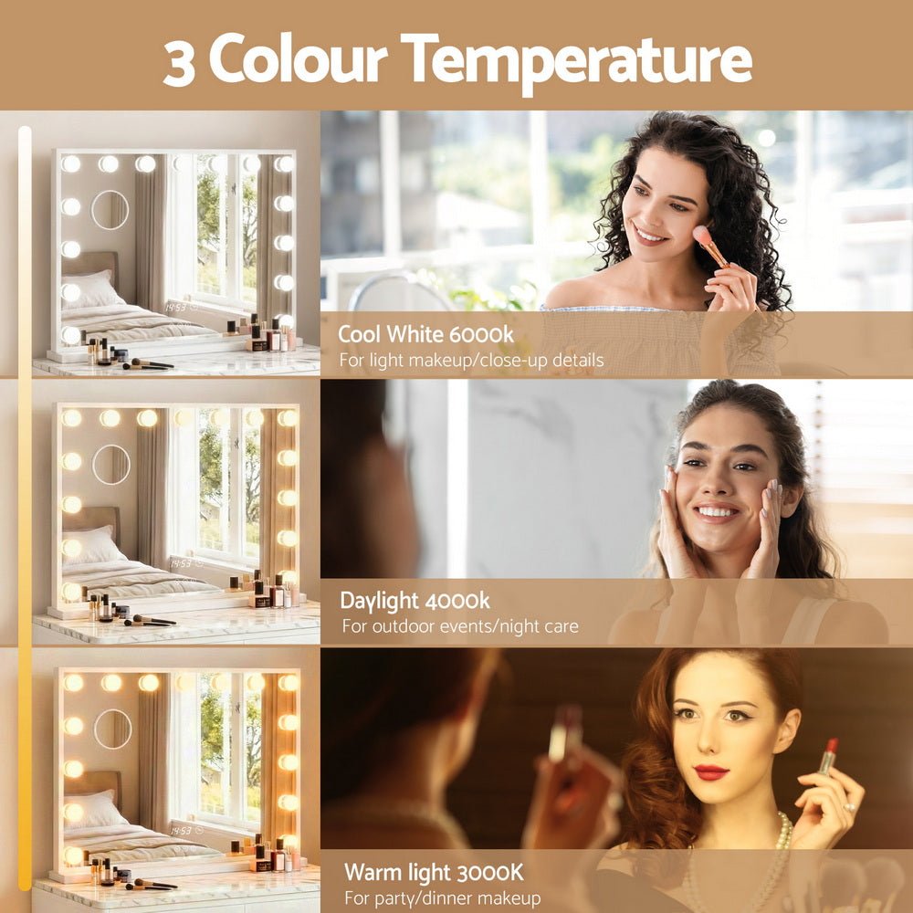 Embellir Makeup Mirror 58x45cm Hollywood Vanity with LED Light Tabletop White - SportZone.co.nz