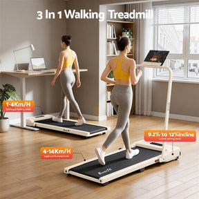 Everfit 3 in 1 Walking Pad Treadmill 12% Incline Foldable Under Desk Treadmills for Home 38cm Beige - SportZone.co.nz