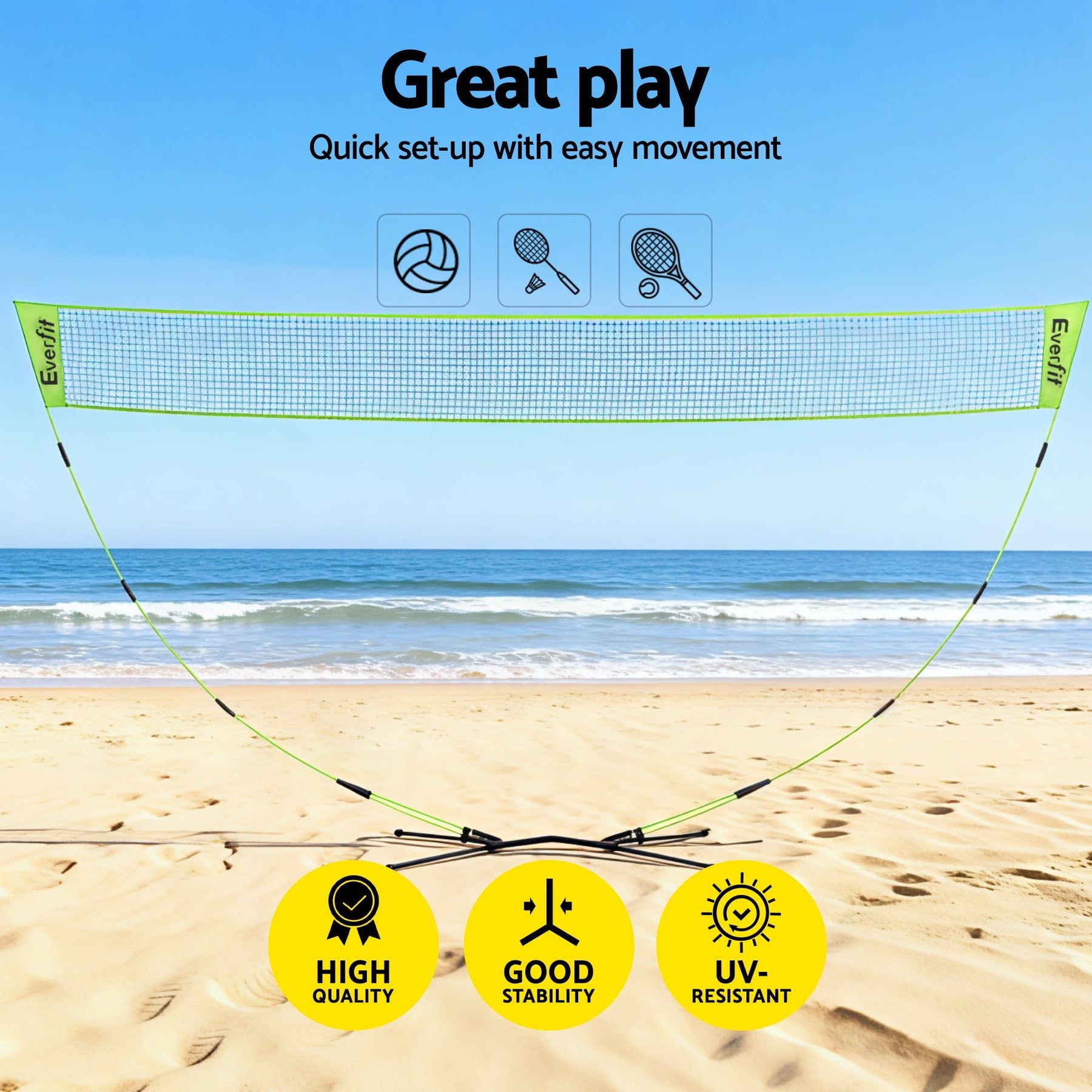 Everfit 3M Badminton Tennis Net Portable Volleyball Kit Yellow - SportZone.co.nz