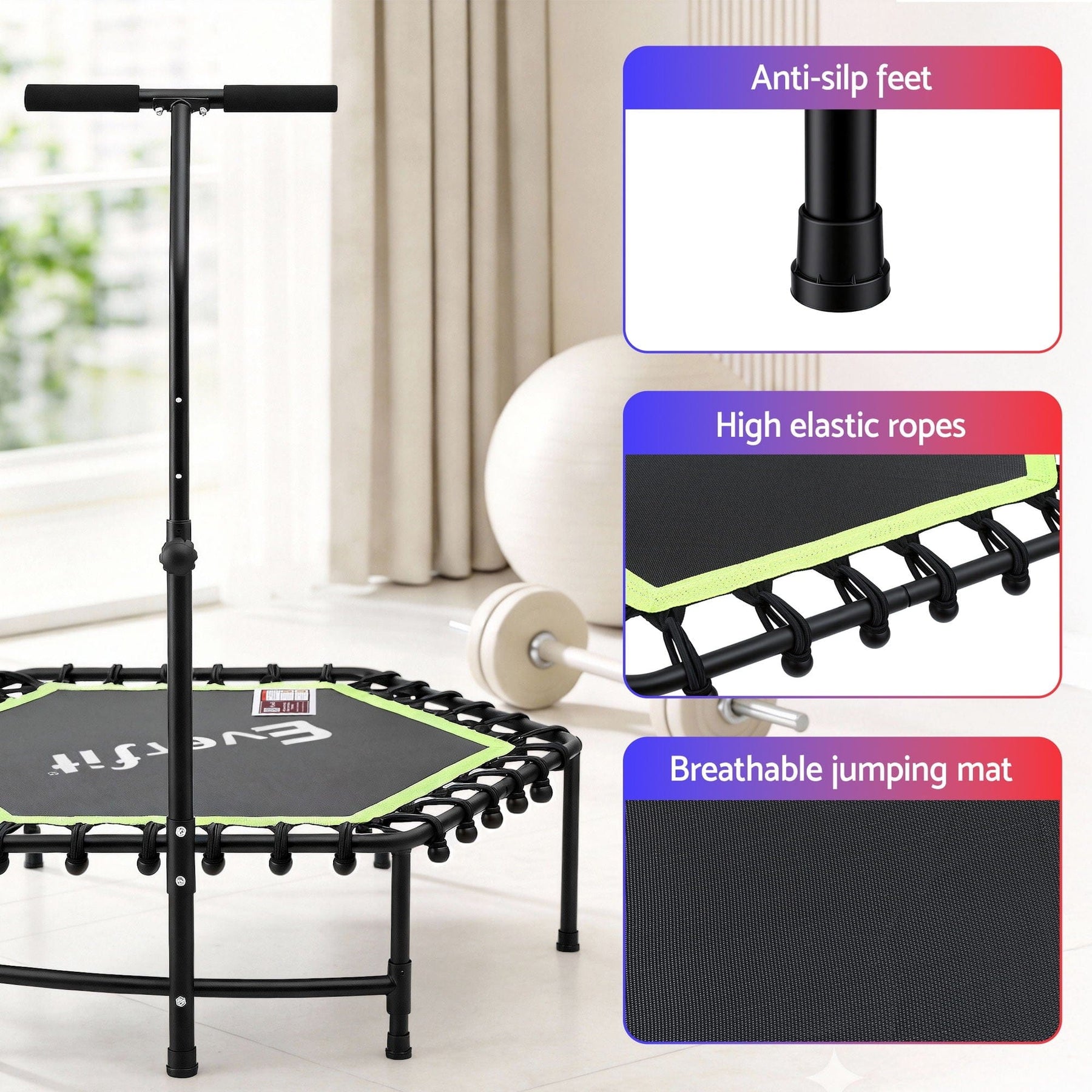 Everfit 48inch Hexagon Fitness Trampoline Rebounder Adjustable Handrail Green - SportZone.co.nz