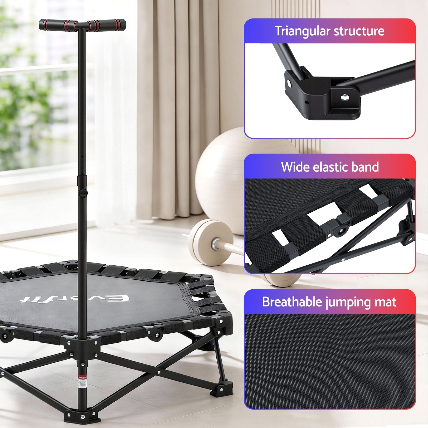 Everfit Fitness Foldable Trampoline Rebounder Adjustable Handle Indoor Exercise Black - SportZone.co.nz