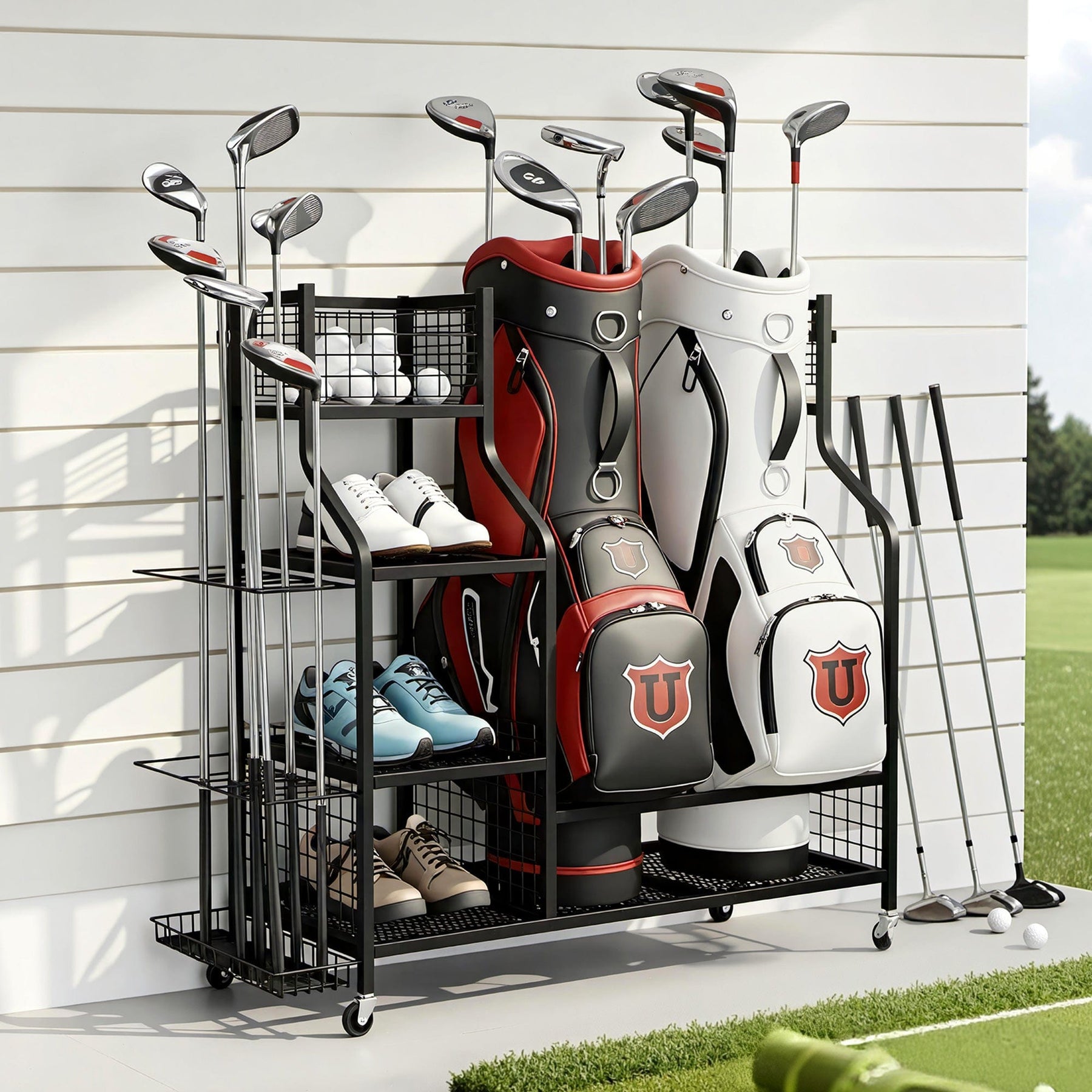 Everfit Golf Bag Storage Golf Storage Garage Organizer with Wheels Black - SportZone.co.nz
