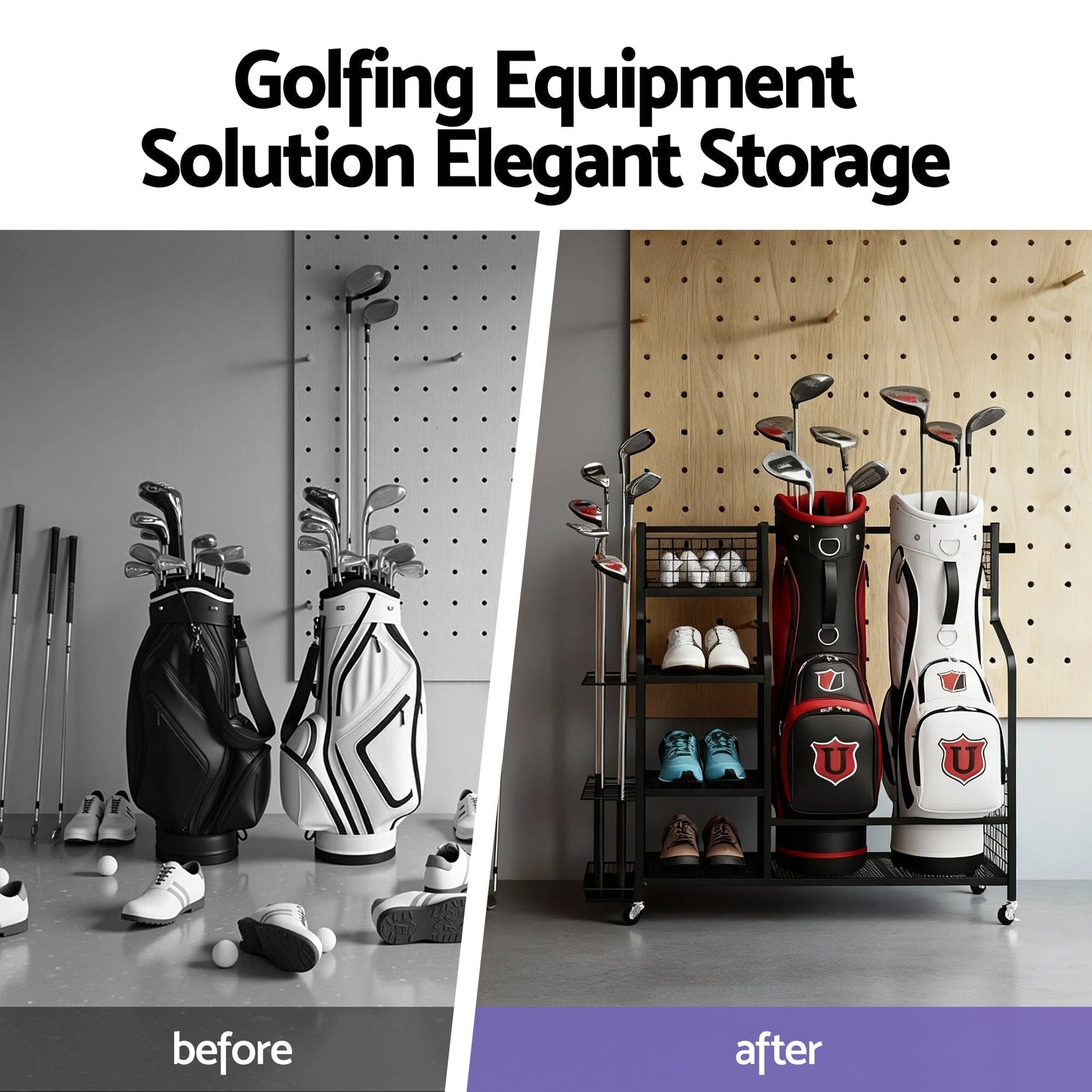Everfit Golf Bag Storage Golf Storage Garage Organizer with Wheels Black - SportZone.co.nz