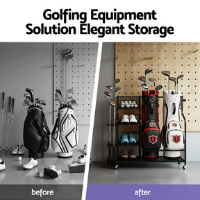 Everfit Golf Bag Storage Golf Storage Garage Organizer with Wheels Black - SportZone.co.nz